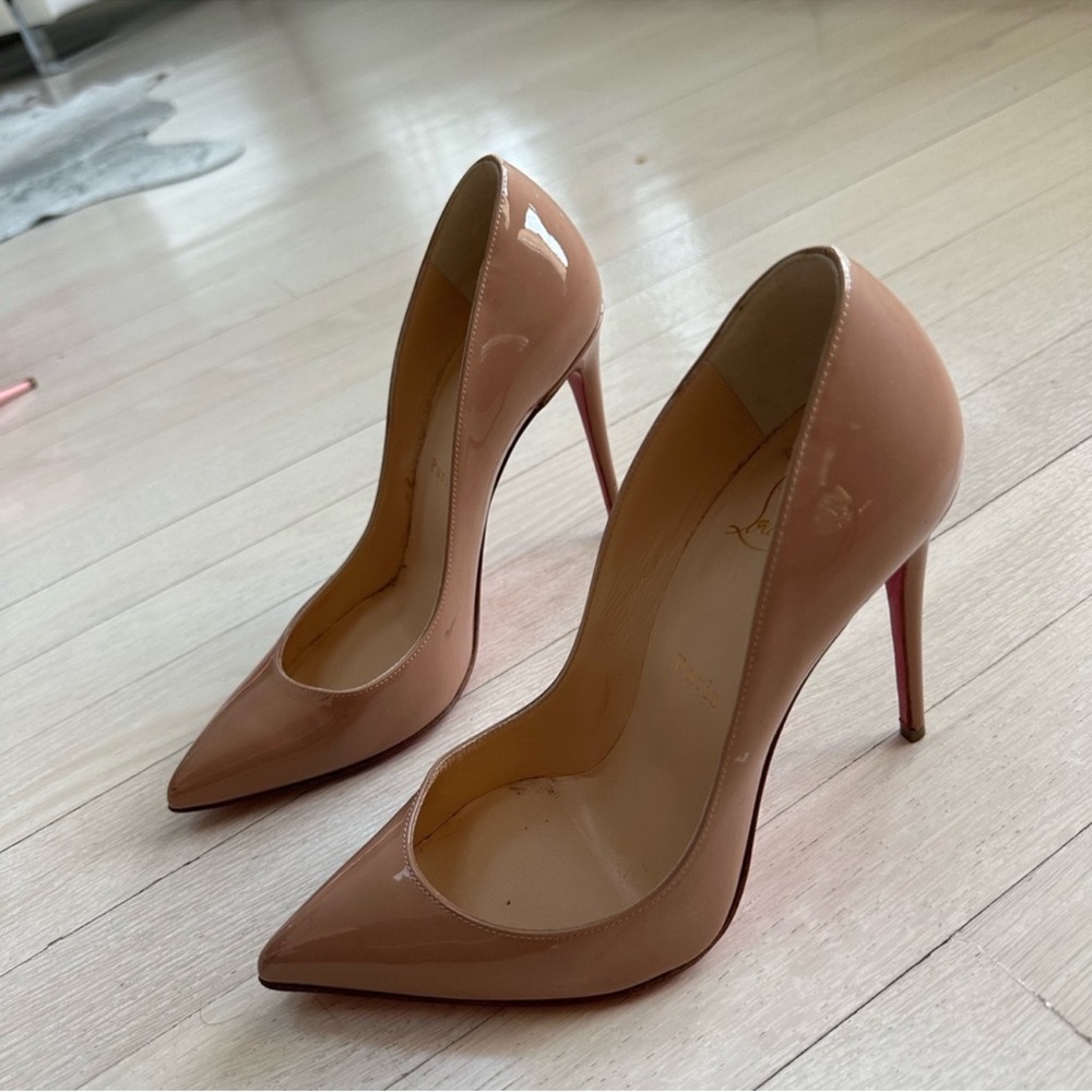 Christian Louboutin Pigalle Follies Patent Leather Pumps 37.5 Beige - Picture 4 of 9